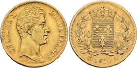 FRANCE, Royal (Restored). Charles X, 1824-1830. 40 Francs 1830 A (Gold, 26 mm, 12.84 g, 6 h), Paris. CHARLES X - ROI DE FRANCE Head of Charles X to ri...