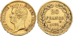 FRANCE, Royal (Restored). Louis Philippe, 1830-1848. 20 Francs 1831 B (Gold, 21 mm, 6.37 g, 6 h), Rouen. LOUIS PHILIPPE I - ROI DES FRANÇAIS Head of L...