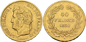 FRANCE, Royal (Restored). Louis Philippe, 1830-1848. 40 Francs 1834 A (Gold, 26 mm, 12.85 g, 6 h), Paris. LOUIS PHILIPPE I - ROI DES FRANÇAIS Laureate...