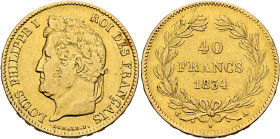 FRANCE, Royal (Restored). Louis Philippe, 1830-1848. 40 Francs 1834 A (Gold, 26 mm, 12.85 g, 6 h), Paris. LOUIS PHILIPPE I - ROI DES FRANÇAIS Laureate...