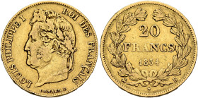 FRANCE, Royal (Restored). Louis Philippe, 1830-1848. 20 Francs 1834 B (Gold, 21 mm, 6.38 g, 6 h), Rouen. LOUIS PHILIPPE I - ROI DES FRANÇAIS Laureate ...