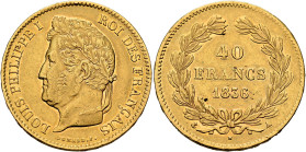FRANCE, Royal (Restored). Louis Philippe, 1830-1848. 40 Francs 1836 A (Gold, 26 mm, 12.82 g, 6 h), Paris. LOUIS PHILIPPE I - ROI DES FRANÇAIS Laureate...