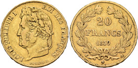 FRANCE, Royal (Restored). Louis Philippe, 1830-1848. 20 Francs 1839 A (Gold, 21 mm, 6.40 g, 6 h), Paris. LOUIS PHILIPPE I - ROI DES FRANÇAIS Laureate ...