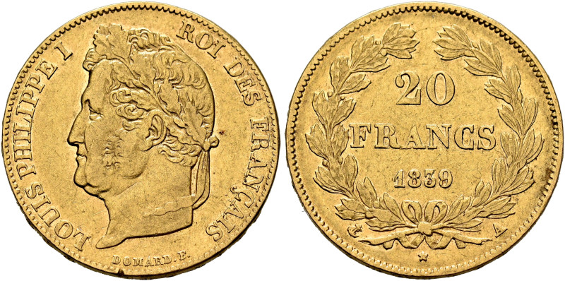 FRANCE, Royal (Restored). Louis Philippe, 1830-1848. 20 Francs 1839 A (Gold, 22 ...