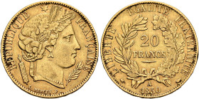 FRANCE, Deuxième République. 1848-1852. 20 Francs 1850 A (Gold, 21 mm, 6.42 g, 6 h), Paris. REPUBLIQUE✱ - FRANÇAISE Laureate head of Ceres to right. R...