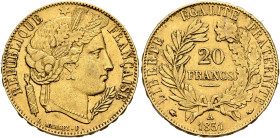 FRANCE, Deuxième République. 1848-1852. 20 Francs 1851 A (Gold, 21 mm, 6.42 g, 6 h), Paris. REPUBLIQUE✱ - FRANÇAISE Laureate head of Ceres to right. R...