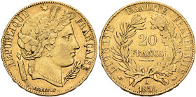 FRANCE, Deuxième République. 1848-1852. 20 Francs 1851 A (Gold, 21 mm, 6.38 g, 6 h), Paris. REPUBLIQUE✱ - FRANÇAISE Laureate head of Ceres to right. R...