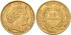 FRANCE, Deuxième République. 1848-1852. 10 Francs 1851 A (Gold, 19 mm, 3.16 g, 6 h), Paris. REPUBLIQUE✱ - FRANÇAISE Laureate head of Ceres to right. R...