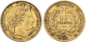 FRANCE, Deuxième République. 1848-1852. 10 Francs 1851 A (Gold, 19 mm, 3.17 g), Paris. REPUBLIQUE✱ - FRANÇAISE Laureate head of Ceres to right. Rev. L...