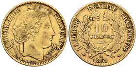 FRANCE, Deuxième République. 1848-1852. 10 Francs 1851 A (Gold, 19 mm, 3.20 g, 6 h), Paris. REPUBLIQUE✱ - FRANÇAISE Laureate head of Ceres to right. R...