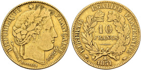 FRANCE, Deuxième République. 1848-1852. 10 Francs 1851 A (Gold, 19 mm, 2.99 g, 6 h), Paris. REPUBLIQUE✱ - FRANÇAISE Laureate head of Ceres to right. R...