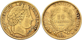 FRANCE, Deuxième République. 1848-1852. 10 Francs 1851 A (Gold, 19 mm, 3.14 g, 6 h), Paris. REPUBLIQUE✱ - FRANÇAISE Laureate head of Ceres to right. R...