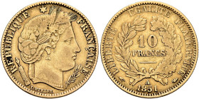 FRANCE, Deuxième République. 1848-1852. 10 Francs 1851 A (Gold, 19 mm, 3.17 g, 6 h), Paris. REPUBLIQUE✱ - FRANÇAISE Laureate head of Ceres to right. R...