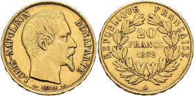FRANCE, Deuxième République. Louis Napoléon, President, 1848-1852. 20 Francs 1852 A (Gold, 21 mm, 6.43 g, 6 h), Paris. LOUIS-NAPOLEON - BONAPARTE Bare...
