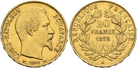 FRANCE, Deuxième République. Louis Napoléon, President, 1848-1852. 20 Francs 1852 A (Gold, 21 mm, 6.44 g, 6 h), Paris. LOUIS-NAPOLEON - BONAPARTE Bare...