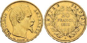 FRANCE, Second Empire. Napoléon III, 1852-1870. 20 Francs 1853 A (Gold, 21 mm, 6.42 g, 6 h), Paris. NAPOLEON III - EMPEREUR Bare head of Napoléon III ...