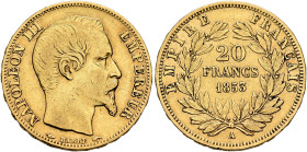 FRANCE, Second Empire. Napoléon III, 1852-1870. 20 Francs 1853 A (Gold, 21 mm, 6.42 g, 6 h), Paris. NAPOLEON III - EMPEREUR Bare head of Napoléon III ...