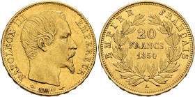 FRANCE, Second Empire. Napoléon III, 1852-1870. 20 Francs 1854 A (Gold, 21 mm, 6.46 g, 6 h), Paris. NAPOLEON III - EMPEREUR Bare head of Napoléon III ...