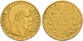 FRANCE, Second Empire. Napoléon III, 1852-1870. 5 Francs 1854 A (Gold, 14 mm, 1.32 g, 5 h), Paris. NAPOLEON III - EMPEREUR Bare head of Napoléon III t...
