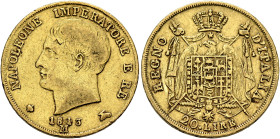 ITALY. Regno d'Italia (Napoleonic). 1805-1814. 20 Lire 1813 M (Gold, 21 mm, 6.38 g, 6 h), second 1 over 0 variety, Milano (Milan). NAPOLEONE IMPERATOR...