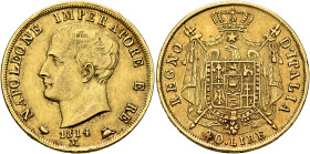 ITALY. Regno d'Italia (Napoleonic). 1805-1814. 40 Lire 1814 M (Gold, 26 mm, 12.86 g, 6 h), Milano (Milan). NAPOLEONE IMPERATORE E RE / 1814 Bare head ...