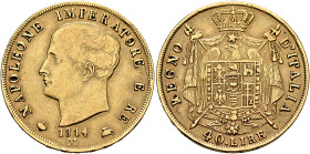 ITALY. Regno d'Italia (Napoleonic). 1805-1814. 40 Lire 1814 M (Gold, 26 mm, 12.81 g, 6 h), Milano (Milan). NAPOLEONE IMPERATORE E RE / 1814 Bare head ...
