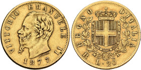 ITALY. Regno d'Italia. Vittorio Emanuele II, 1861-1878. 20 Lire 1877 R (Gold, 21 mm, 6.42 g, 6 h), Rome. VITTORIO EMANUELE II Head of Vittorio Emanuel...