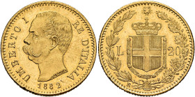 ITALY. Regno d'Italia. Umberto I, 1878-1900. 20 Lire 1882 R (Gold, 21 mm, 6.44 g, 6 h), Rome. UMBERTO I - RE D'ITALIA / 1882 Bare head of Umberto I to...