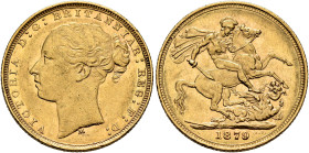 AUSTRALIA, Colonial. Trade Coinage. Victoria, 1837-1901. Sovereign 1879 M (Gold, 22 mm, 7.99 g, 6 h), Young Head coinage, Melbourne. VICTORIA D:G:BRIT...