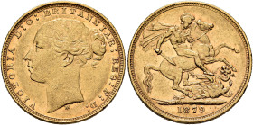 AUSTRALIA, Colonial. Trade Coinage. Victoria, 1837-1901. Sovereign 1879 M (Gold, 22 mm, 7.96 g, 6 h), Young Head coinage, Melbourne. VICTORIA D:G:BRIT...