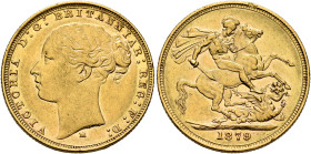 AUSTRALIA, Colonial. Trade Coinage. Victoria, 1837-1901. Sovereign 1879 M (Gold, 22 mm, 7.98 g, 6 h), Young Head coinage, Melbourne. VICTORIA D:G:BRIT...
