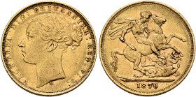 AUSTRALIA, Colonial. Trade Coinage. Victoria, 1837-1901. Sovereign 1879 M (Gold, 22 mm, 7.95 g, 6 h), Young Head coinage, Melbourne. VICTORIA D:G:BRIT...