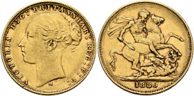 AUSTRALIA, Colonial. Trade Coinage. Victoria, 1837-1901. Sovereign 1880 M (Gold, 22 mm, 7.80 g, 3 h), Young Head coinage, Melbourne. VICTORIA D:G:BRIT...