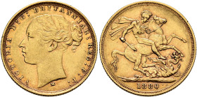 AUSTRALIA, Colonial. Trade Coinage. Victoria, 1837-1901. Sovereign 1880 M (Gold, 21 mm, 7.97 g, 6 h), Young Head coinage, Melbourne. VICTORIA D:G:BRIT...