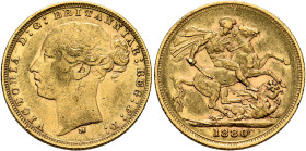 AUSTRALIA, Colonial. Trade Coinage. Victoria, 1837-1901. Sovereign 1880 M (Gold, 22 mm, 7.96 g, 6 h), Young Head coinage, Melbourne. VICTORIA D:G:BRIT...