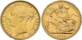 AUSTRALIA, Colonial. Trade Coinage. Victoria, 1837-1901. Sovereign 1882 M (Gold, 22 mm, 7.98 g, 6 h), Young Head coinage, Melbourne. VICTORIA D:G:BRIT...