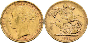 AUSTRALIA, Colonial. Trade Coinage. Victoria, 1837-1901. Sovereign 1883 M (Gold, 22 mm, 7.97 g, 6 h), Young Head coinage, Melbourne. VICTORIA D:G:BRIT...