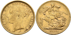 AUSTRALIA, Colonial. Trade Coinage. Victoria, 1837-1901. Sovereign 1884 S (Gold, 22 mm, 7.96 g, 5 h), Young Head coinage, Sydney. VICTORIA D:G:BRITTAN...