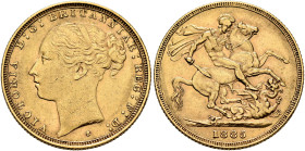 AUSTRALIA, Colonial. Trade Coinage. Victoria, 1837-1901. Sovereign 1885 S (Gold, 22 mm, 7.98 g, 6 h), Young Head coinage, Sydney. VICTORIA D:G:BRITTAN...