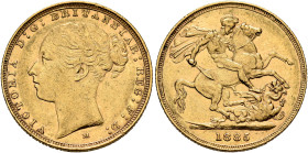 AUSTRALIA, Colonial. Trade Coinage. Victoria, 1837-1901. Sovereign 1885 M (Gold, 22 mm, 7.97 g, 6 h), Young Head coinage, Melbourne. VICTORIA D:G:BRIT...