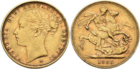 AUSTRALIA, Colonial. Trade Coinage. Victoria, 1837-1901. Sovereign 1886 M (Gold, 22 mm, 7.97 g, 6 h), Young Head coinage, Melbourne. VICTORIA D:G:BRIT...