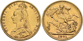 AUSTRALIA, Colonial. Trade Coinage. Victoria, 1837-1901. Sovereign 1891 M (Gold, 22 mm, 7.96 g, 12 h), Jubilee coinage, Melbourne. VICTORIA D:G: - BRI...