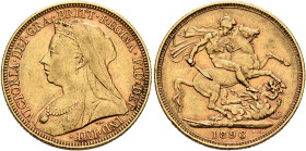AUSTRALIA, Colonial. Trade Coinage. Victoria, 1837-1901. Sovereign 1896 M (Gold, 22 mm, 7.98 g, 12 h), Old Head coinage, Melbourne. VICTORIA•DEI•GRA•B...