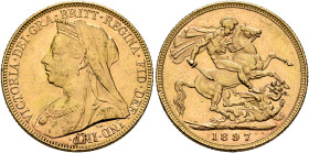 AUSTRALIA, Colonial. Trade Coinage. Victoria, 1837-1901. Sovereign 1897 M (Gold, 22 mm, 7.98 g, 12 h), Old Head coinage, Melbourne. VICTORIA•DEI•GRA•B...