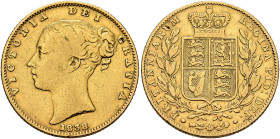 BRITISH, Hanover. Victoria, 1837-1901. Sovereign 1838 (Gold, 22 mm, 7.88 g, 6 h), London. VICTORIA DEI GRATIA / 1838 Bare head of Victoria to left, ha...