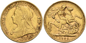BRITISH, Hanover. Victoria, 1837-1901. Sovereign 1896 (Gold, 22 mm, 7.93 g, 12 h), London. VICTORIA•DEI•GRA•BRITT•REGINA•FID•DEF•IND•IMP• Crowned and ...