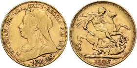 BRITISH, Hanover. Victoria, 1837-1901. Sovereign 1899 (Gold, 22 mm, 7.94 g, 12 h), London. VICTORIA•DEI•GRA•BRITT•REGINA•FID•DEF•IND•IMP• Crowned and ...