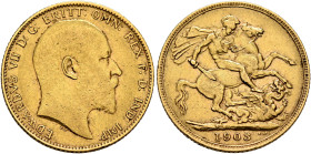 BRITISH, Saxe-Coburg-Gotha. Edward VII, 1901-1910. Sovereign 1903 (Gold, 22 mm, 7.98 g, 12 h), London. EDWARDVS VII D:G:BRITT:OMN:REX F:D:IND:IMP: Bar...