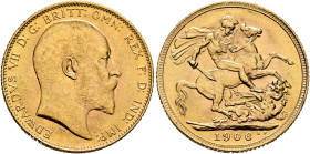 BRITISH, Saxe-Coburg-Gotha. Edward VII, 1901-1910. Sovereign 1906 (Gold, 22 mm, 7.99 g, 12 h), London. EDWARDVS VII D:G:BRITT:OMN:REX F:D:IND:IMP: Bar...