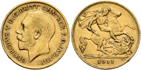 BRITISH, Windsor. George V, 1910-1936. Half Sovereign 1911 (Gold, 19 mm, 3.98 g, 12 h), London. GEORGIVS V D.G.BRITT:OMN:REX F.D.IND:IMP: Bare head of...